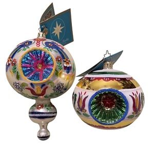 2 Christopher Radko Fantasia 20th Anniversary Glass Ornament Teardrop Peppermint